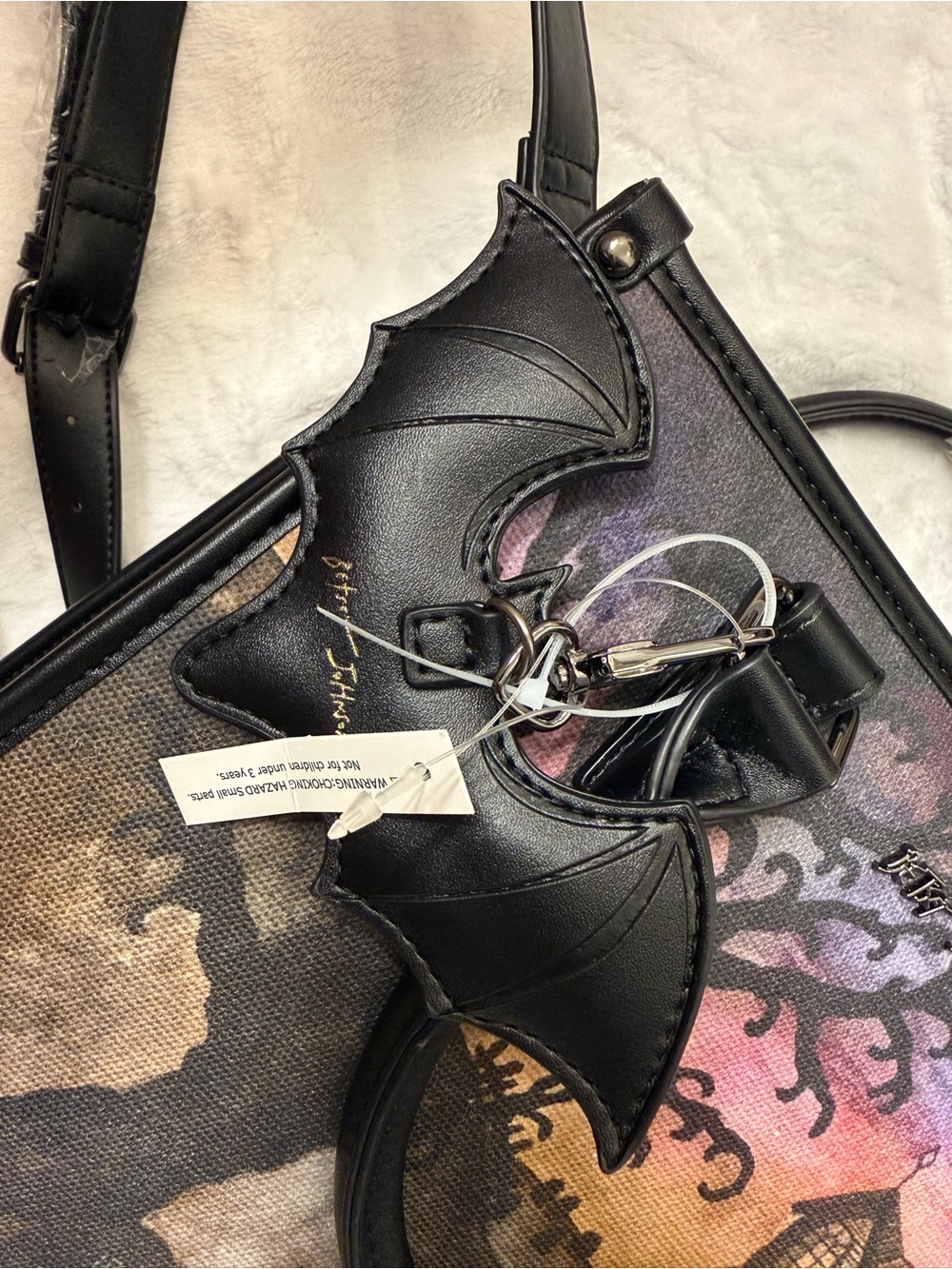 Viral Betsey Johnson Black Haunted House Satchel with Purple & Orange Sunset - Picture 4 of 8